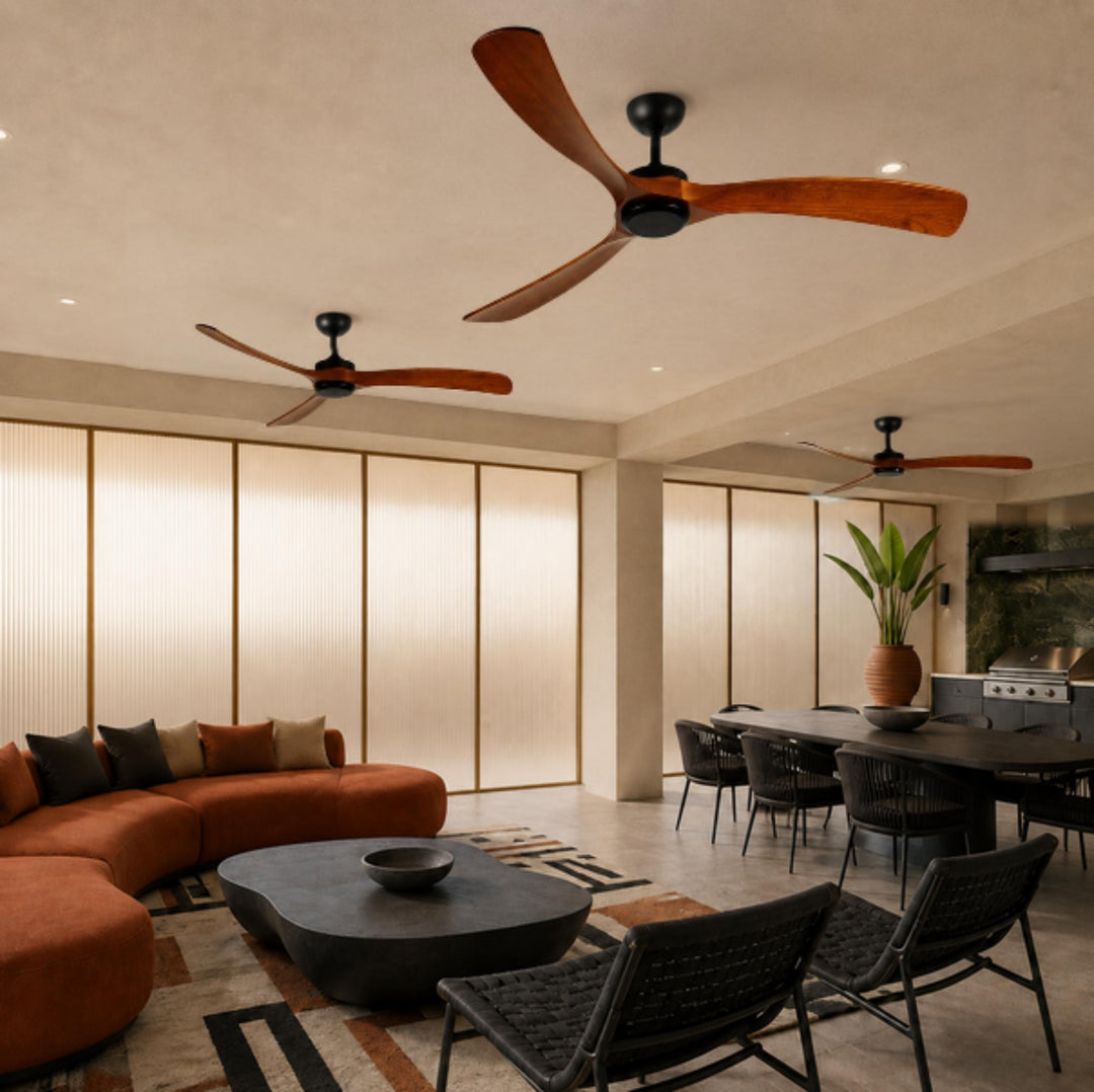 Modern Outdoor Ceiling Fan with Walnut Wood Blades IP65 Waterproof 6-Speed Quiet Motor