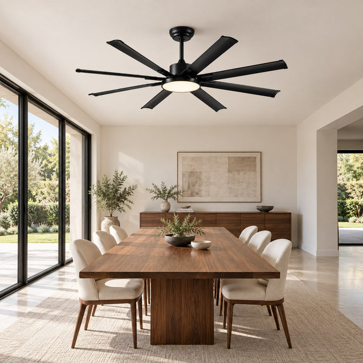 Modern Ceiling Fan Flush Mount Black Aluminium 8-Blade Full-Spectrum LED Quiet DC Motor