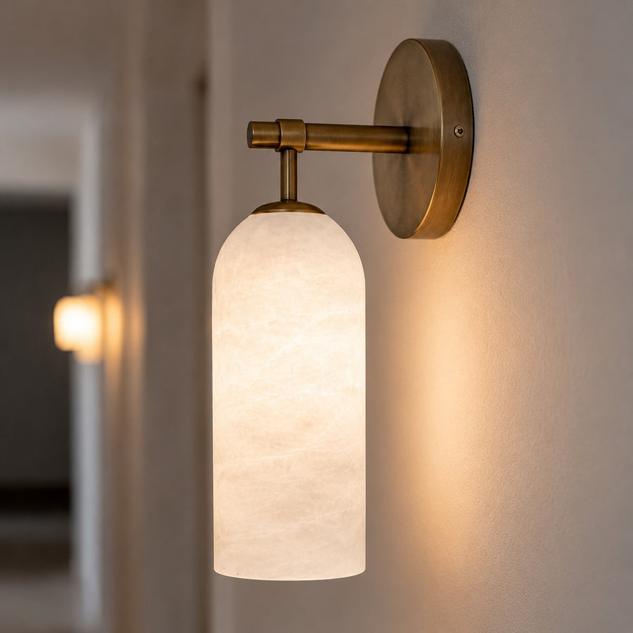 Modern Alabaster Wall Sconce Wall Mounted Metal Light Fixture with LED Compatibility in the hallway