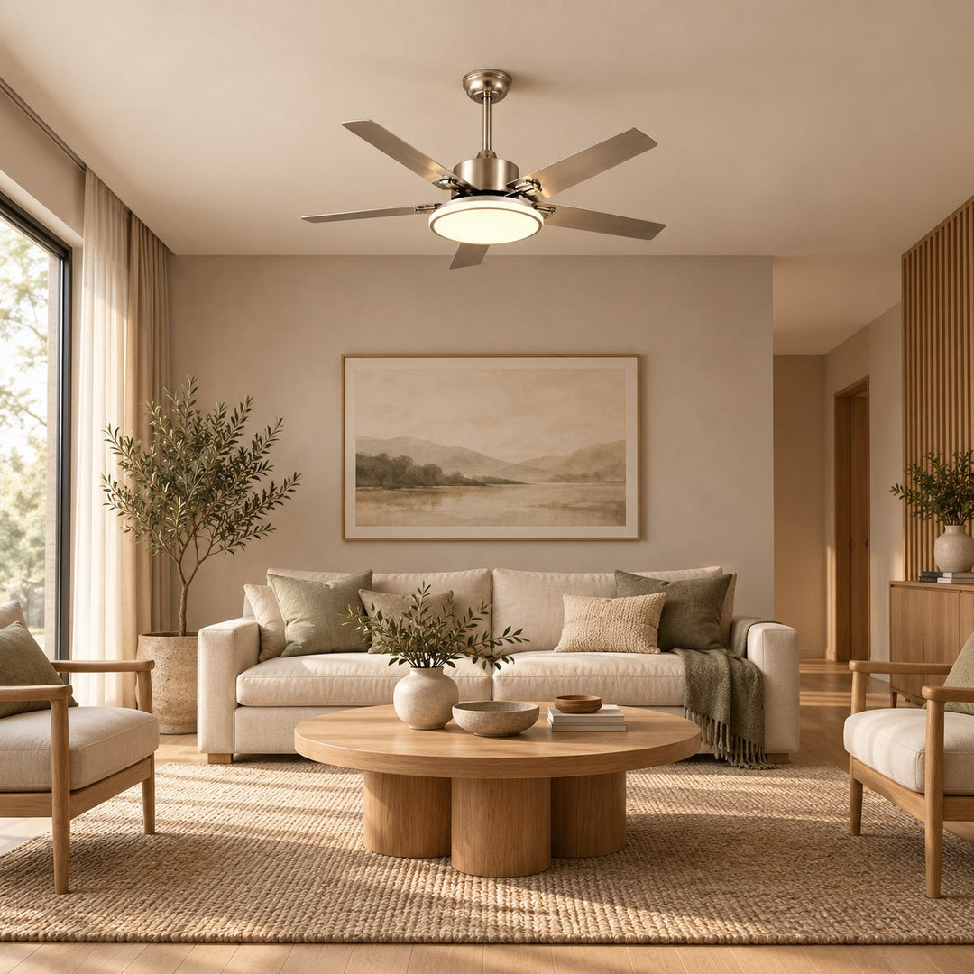 Modern Flush Mount Ceiling Fan Light Stainless Steel Acrylic LED 6-Speed DC Motor