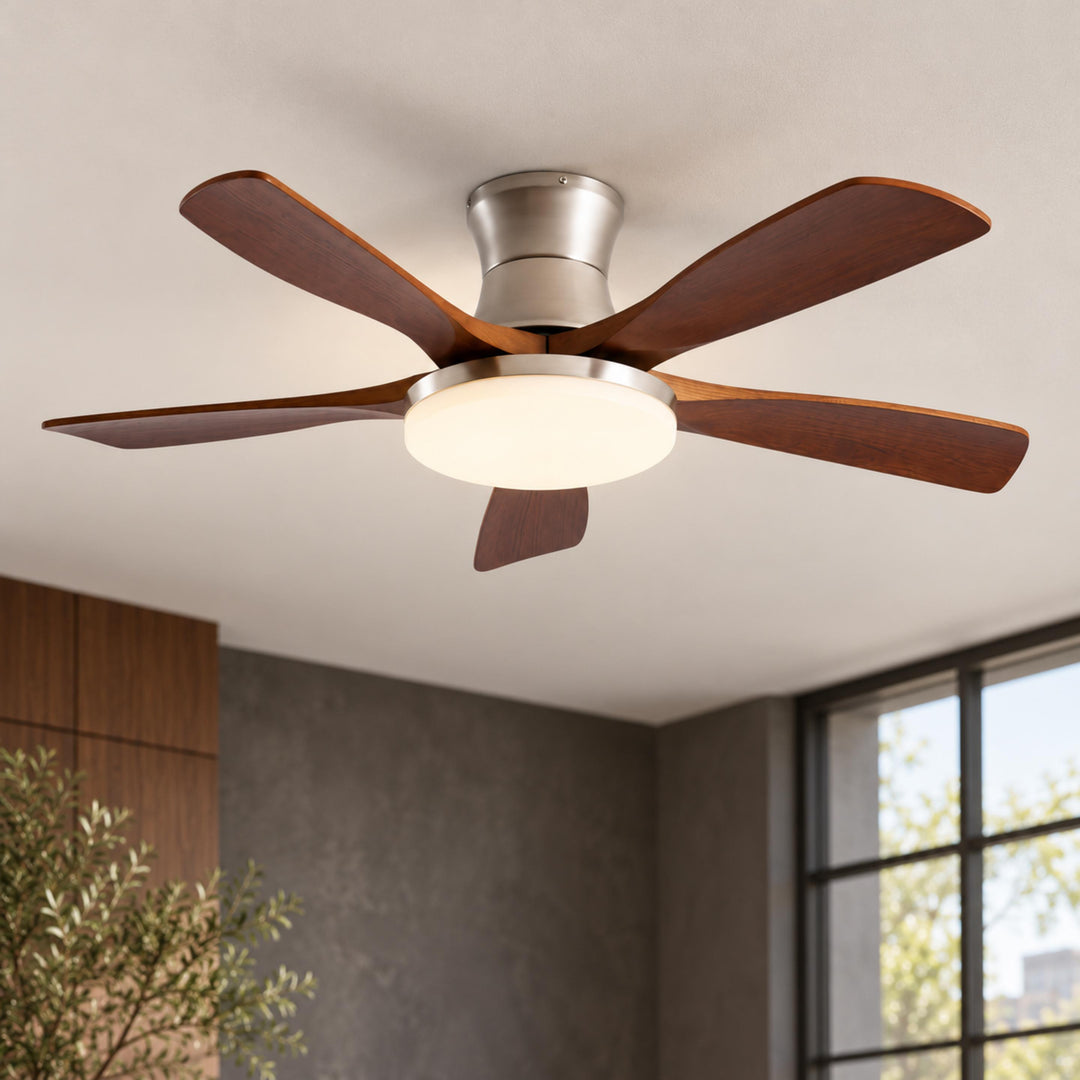 Modern Ceiling Fan with Lights Flush Mount Metal Frame Wooden Blades Integrated LED 6-Speed Control