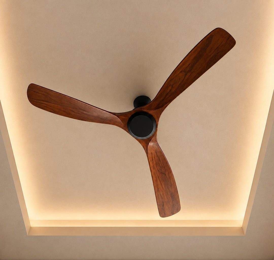 Modern Outdoor Ceiling Fan with Walnut Wood Blades IP65 Waterproof 6-Speed Quiet Motor