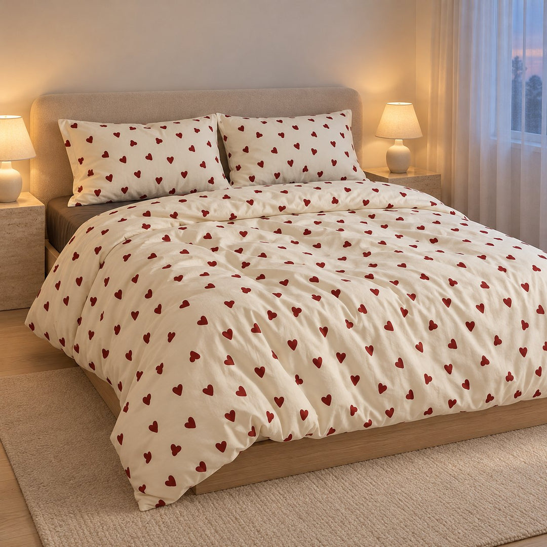 Vintage Aesthetic Bedding Set with Red Hearts Print Duvet Cover and Flat Sheet Cotton Material