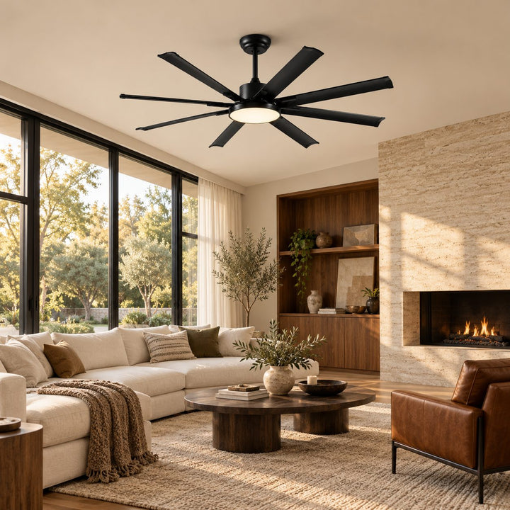 Modern Ceiling Fan Flush Mount Black Aluminium 8-Blade Full-Spectrum LED Quiet DC Motor