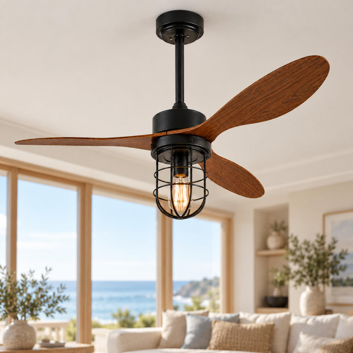 Modern Ceiling Fan Flush Mount with Iron Cage Light Wood Blades Quiet DC Motor 6-Speed