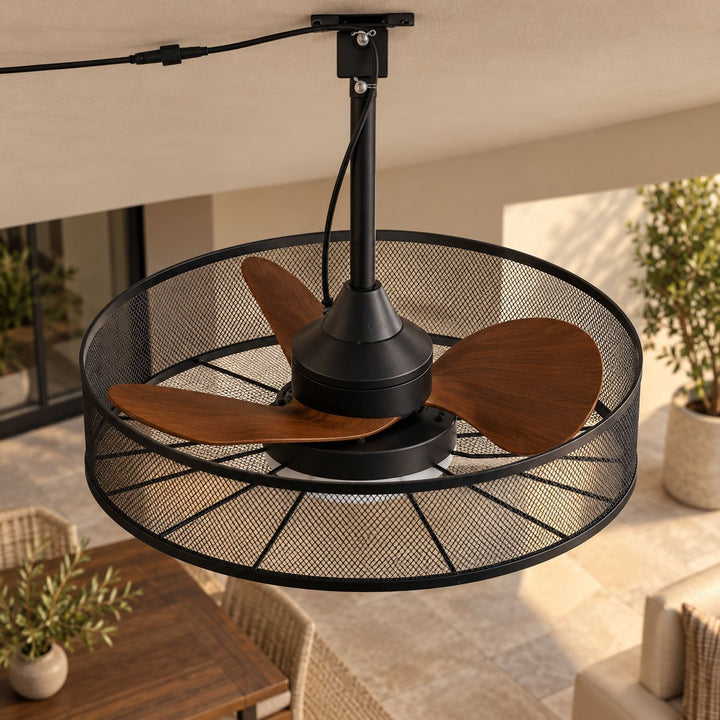 Rustic Outdoor Ceiling Fan with Light Flush Mount Iron Frame LED Colour Temperature Control