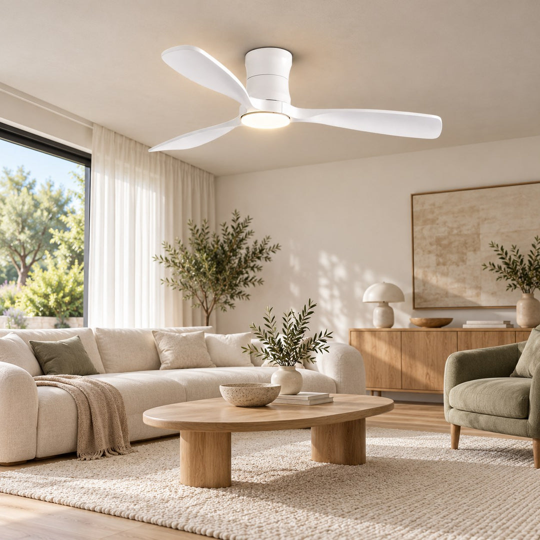 Modern Ceiling Fan 48 Inch Flush Mount Solid Wood Blades Dimmable LED Light Remote Control