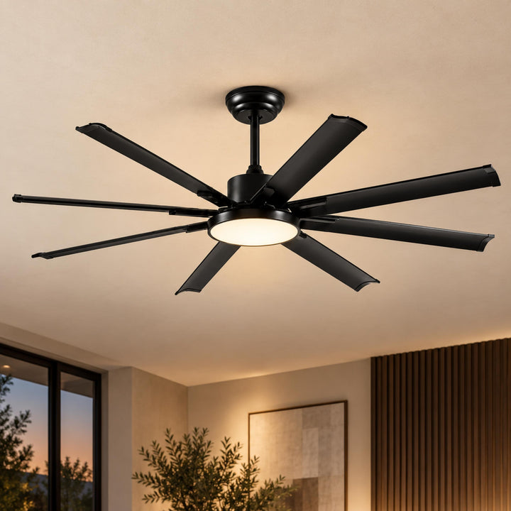Modern Ceiling Fan Flush Mount Black Aluminium 8-Blade Full-Spectrum LED Quiet DC Motor