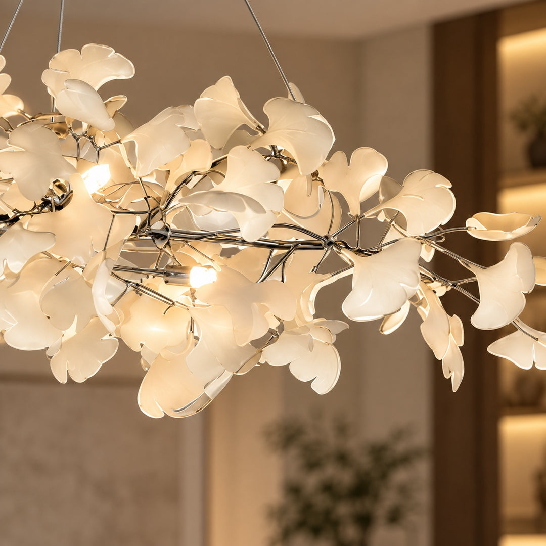 Modern Chandelier Light Ceiling-Mounted Metal Frame with Adjustable LED Ginkgo Leaf Design