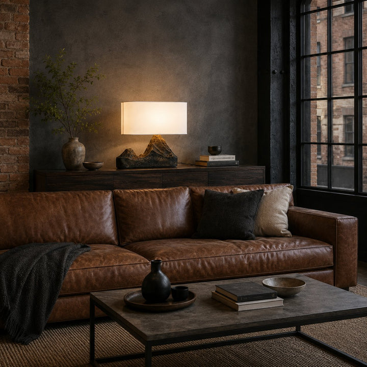 Modern Table Lamp with Bronze Finish and White Fabric Shade for Bedroom or Living Room Use