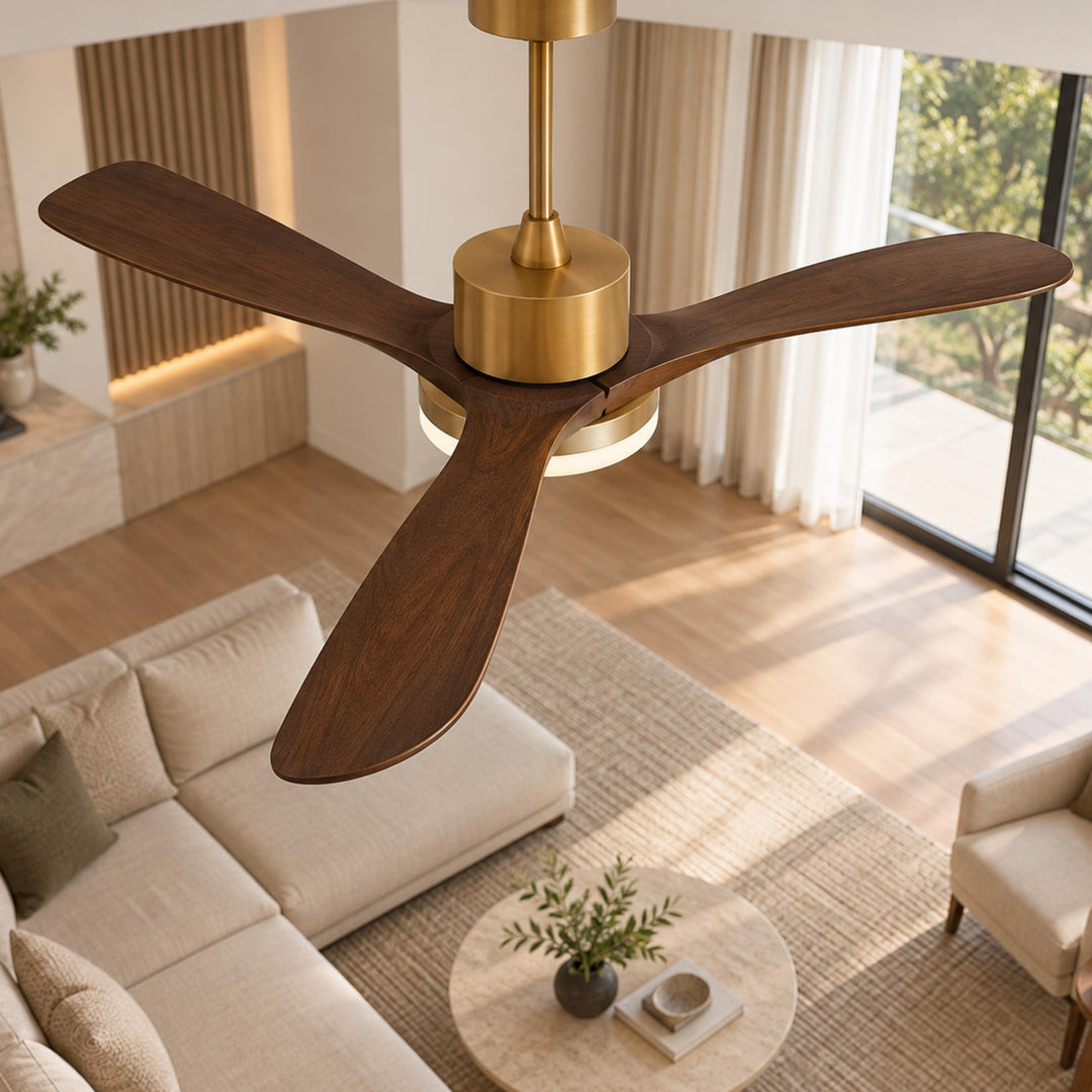 Modern Ceiling Fan with Integrated LED Lighting Flush Mount Design Wooden Blades 6-Speed Control
