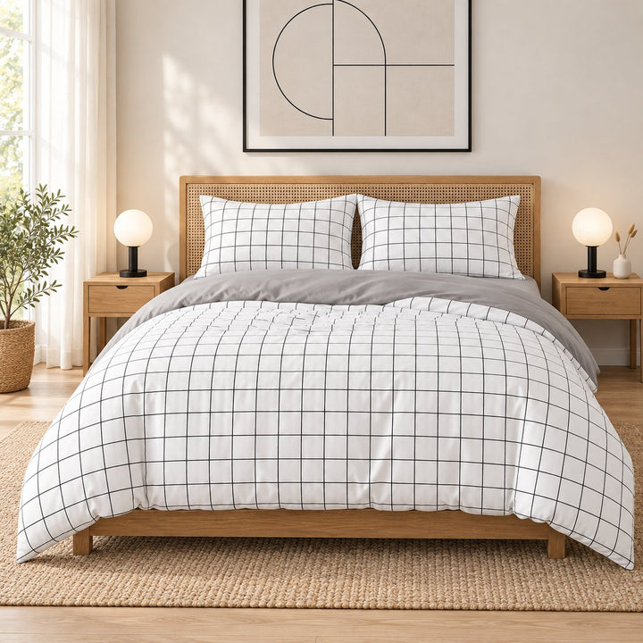 Modern Plain Grid Bedding Set Duvet Cover Flat Sheet and Pillow Cases Cotton Material