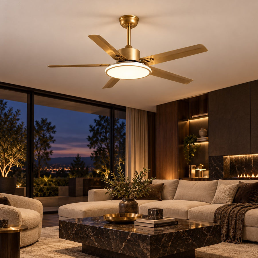 Modern Flush Mount Ceiling Fan Light Stainless Steel Acrylic LED 6-Speed DC Motor in the evening