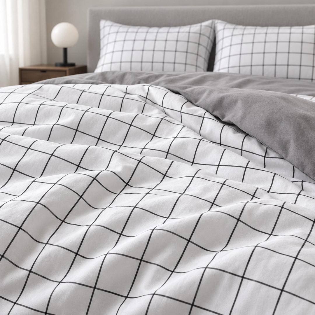 Modern Plain Grid Bedding Set Duvet Cover Flat Sheet and Pillow Cases Cotton Material