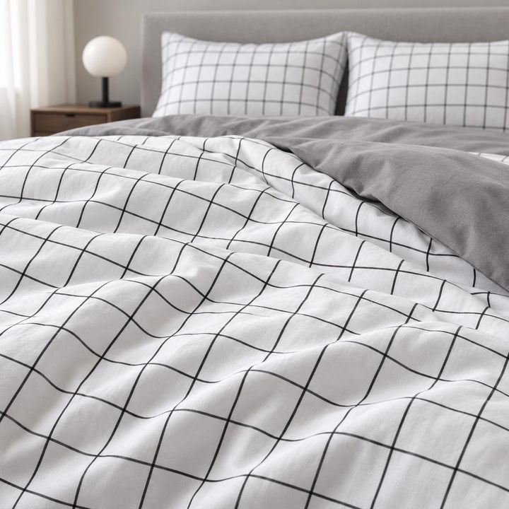 Modern Plain Grid Bedding Set Duvet Cover Flat Sheet and Pillow Cases Cotton Material