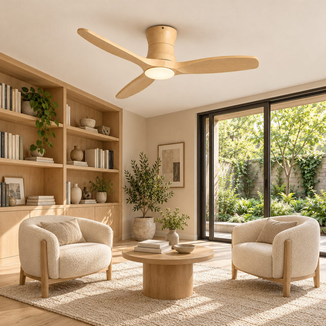 Modern Ceiling Fan Flush Mount Solid Wood Blades Integrated Dimmable LED Light Remote Control 52 Inch