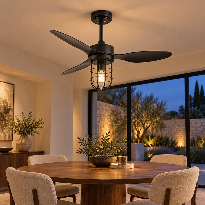 Modern Ceiling Fan Flush Mount with Iron Cage Light Wood Blades Quiet DC Motor 6-Speed