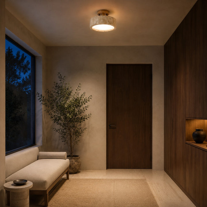 Modern Round Flush Mount Ceiling Light Yellow Travertine LED Dimmable 20cm for Compact Spaces