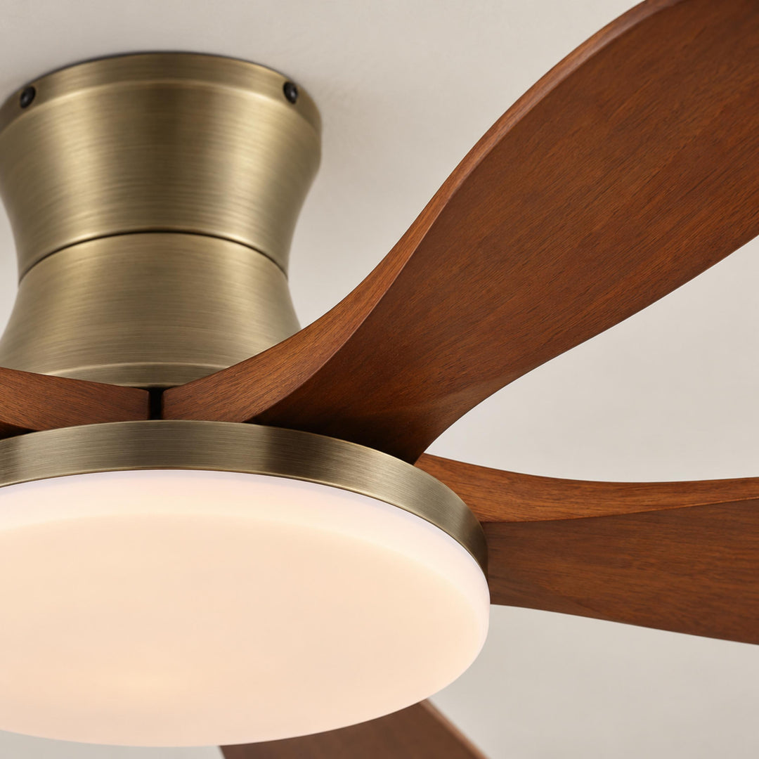 Modern Ceiling Fan with Lights Flush Mount Metal Frame Wooden Blades Integrated LED 6-Speed Control