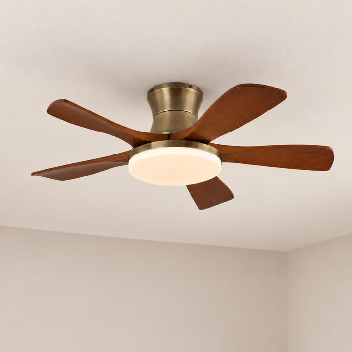 Modern Ceiling Fan with Lights Flush Mount Metal Frame Wooden Blades Integrated LED 6-Speed Control