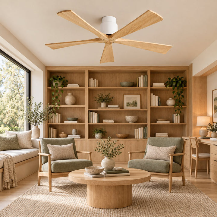 Modern Ceiling Fan Flush Mount Solid Wood Blades Quiet DC Motor Remote Control 52 Inch