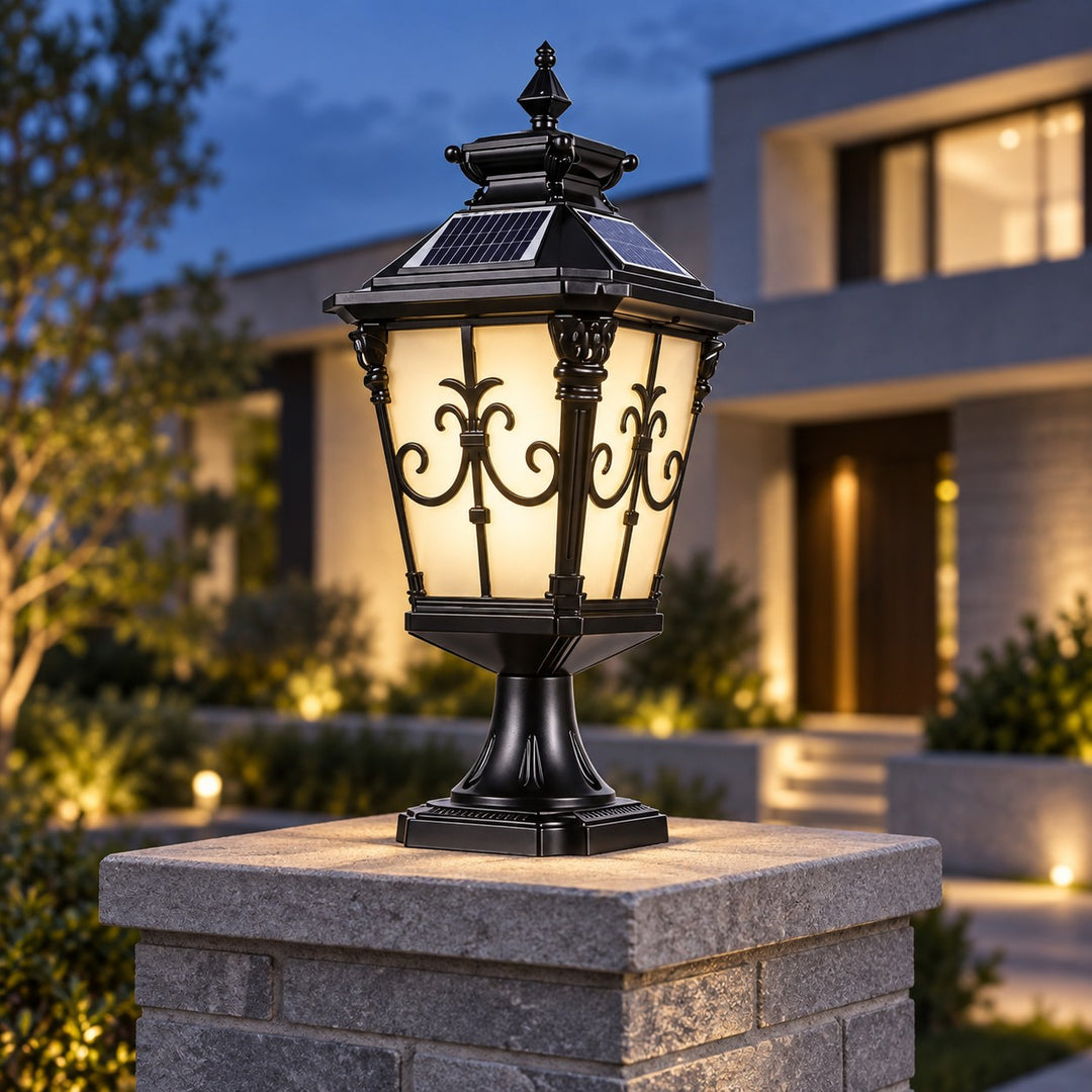 Victorian Outdoor Pillar Light Solar or Hardwired Die-Cast Aluminum Glass IP65