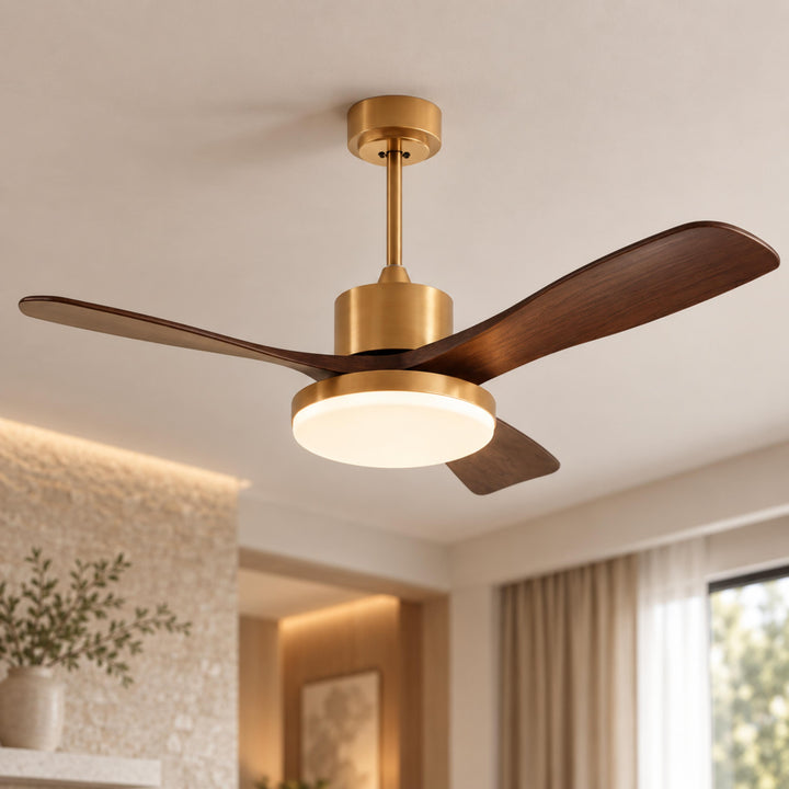 Modern Ceiling Fan with Integrated LED Lighting Flush Mount Design Wooden Blades 6-Speed Control