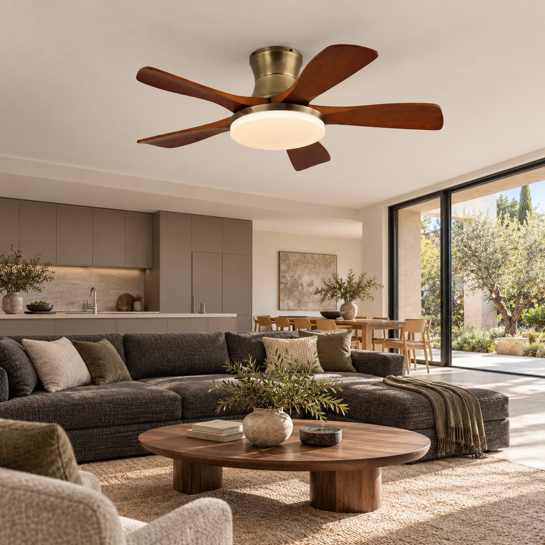 Modern Ceiling Fan with Lights Flush Mount Metal Frame Wooden Blades Integrated LED 6-Speed Control