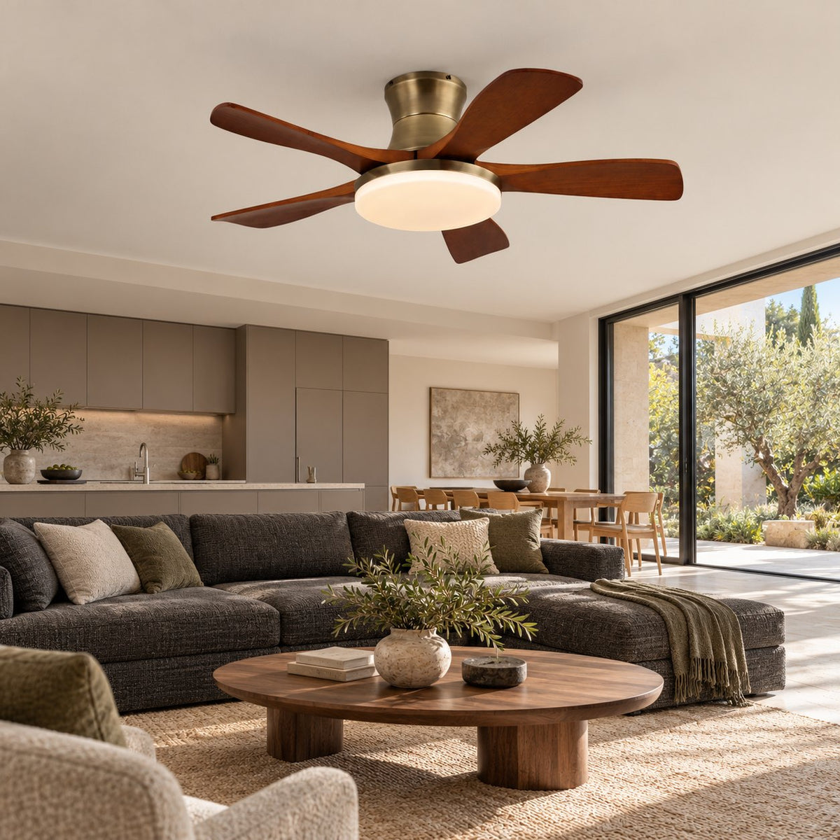 Modern Ceiling Fan with Lights Flush Mount Metal Frame Wooden Blades Integrated LED 6-Speed Control