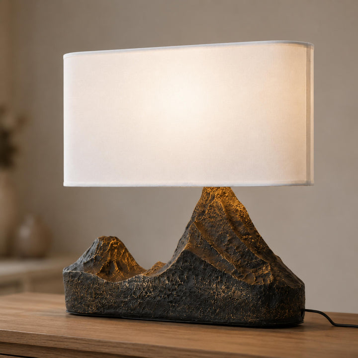 Modern Table Lamp with Bronze Finish and White Fabric Shade for Bedroom or Living Room Use
