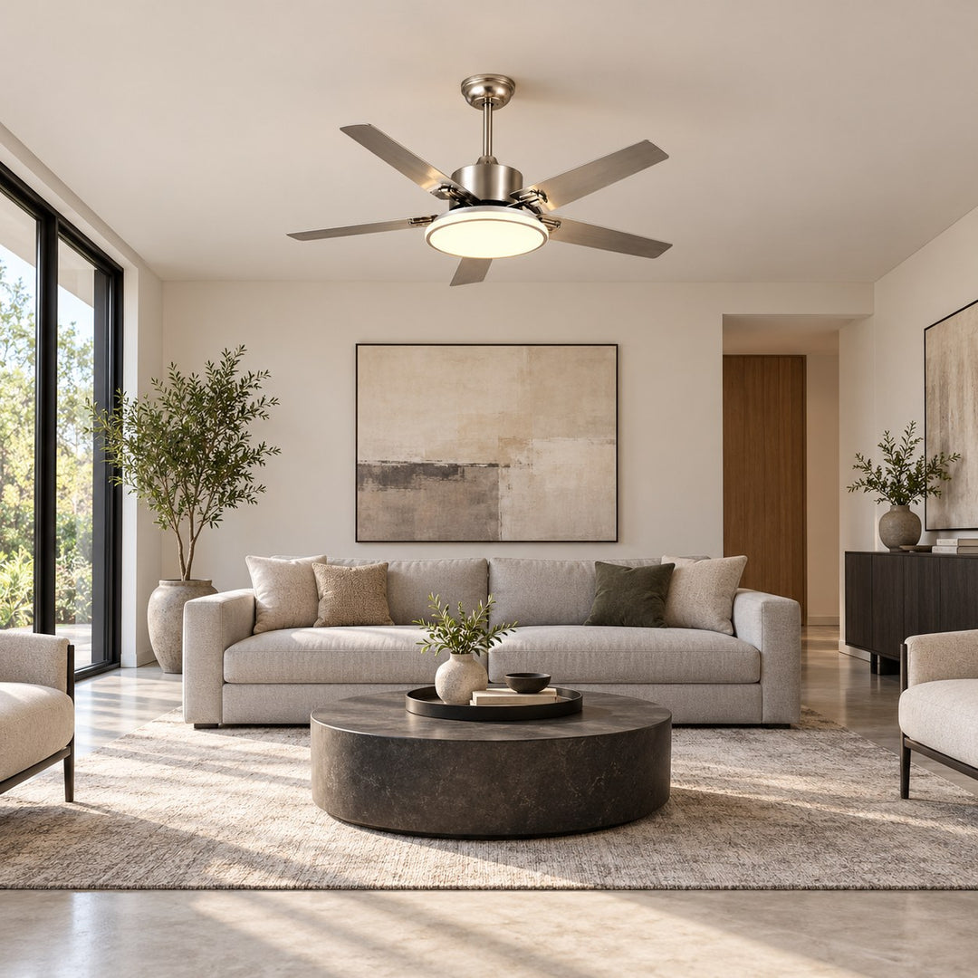 Modern Flush Mount Ceiling Fan Light Stainless Steel Acrylic LED 6-Speed DC Motor