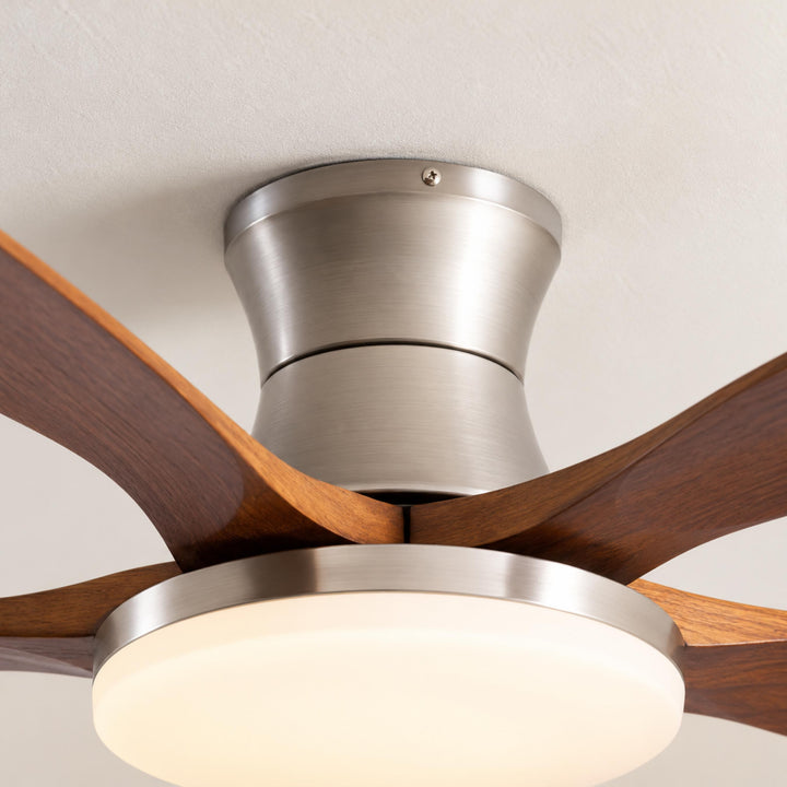 Modern Ceiling Fan with Lights Flush Mount Metal Frame Wooden Blades Integrated LED 6-Speed Control