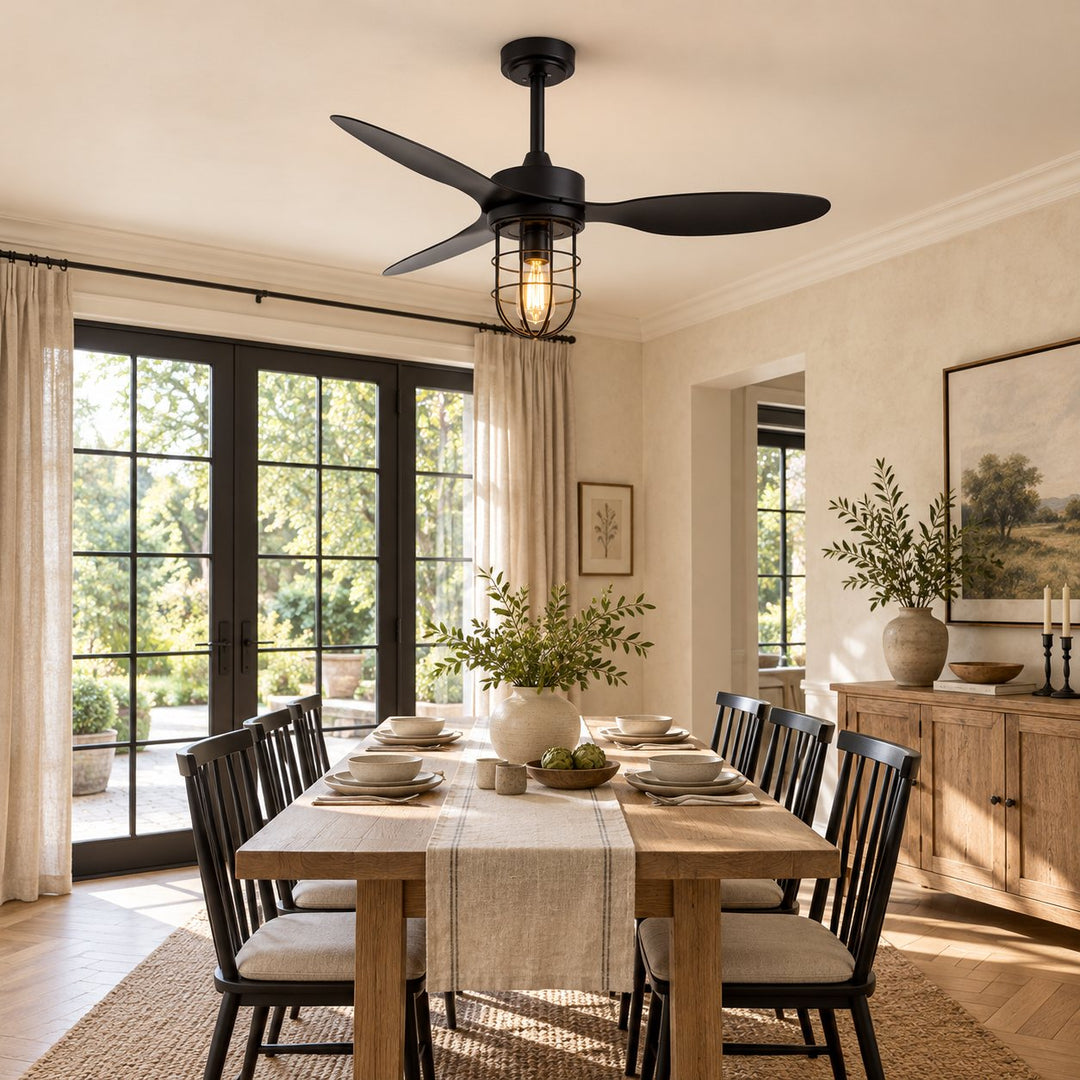 Modern Ceiling Fan Flush Mount with Iron Cage Light Wood Blades Quiet DC Motor 6-Speed