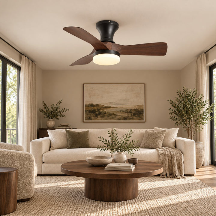 Modern Ceiling Fan Light Flush Mount Metal Frame ABS Blades Integrated LED Dimmable 6-Speed