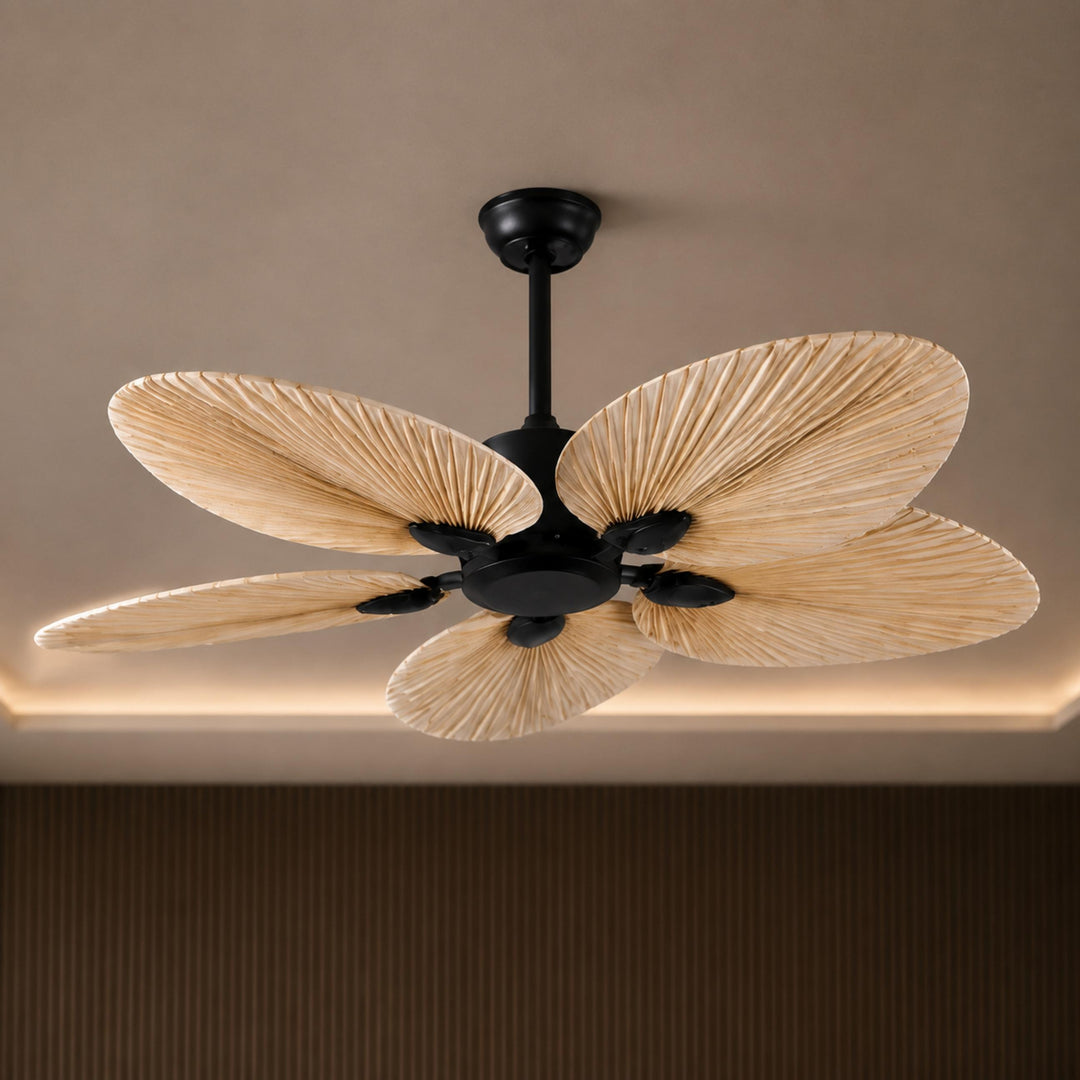 Modern Ceiling Fan with Palm Leaf Blades Iron Frame Remote Control Quiet Motor 110V 240V
