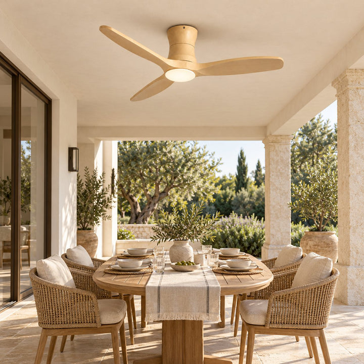 Modern Ceiling Fan Flush Mount Solid Wood Blades Integrated Dimmable LED Light Remote Control 52 Inch