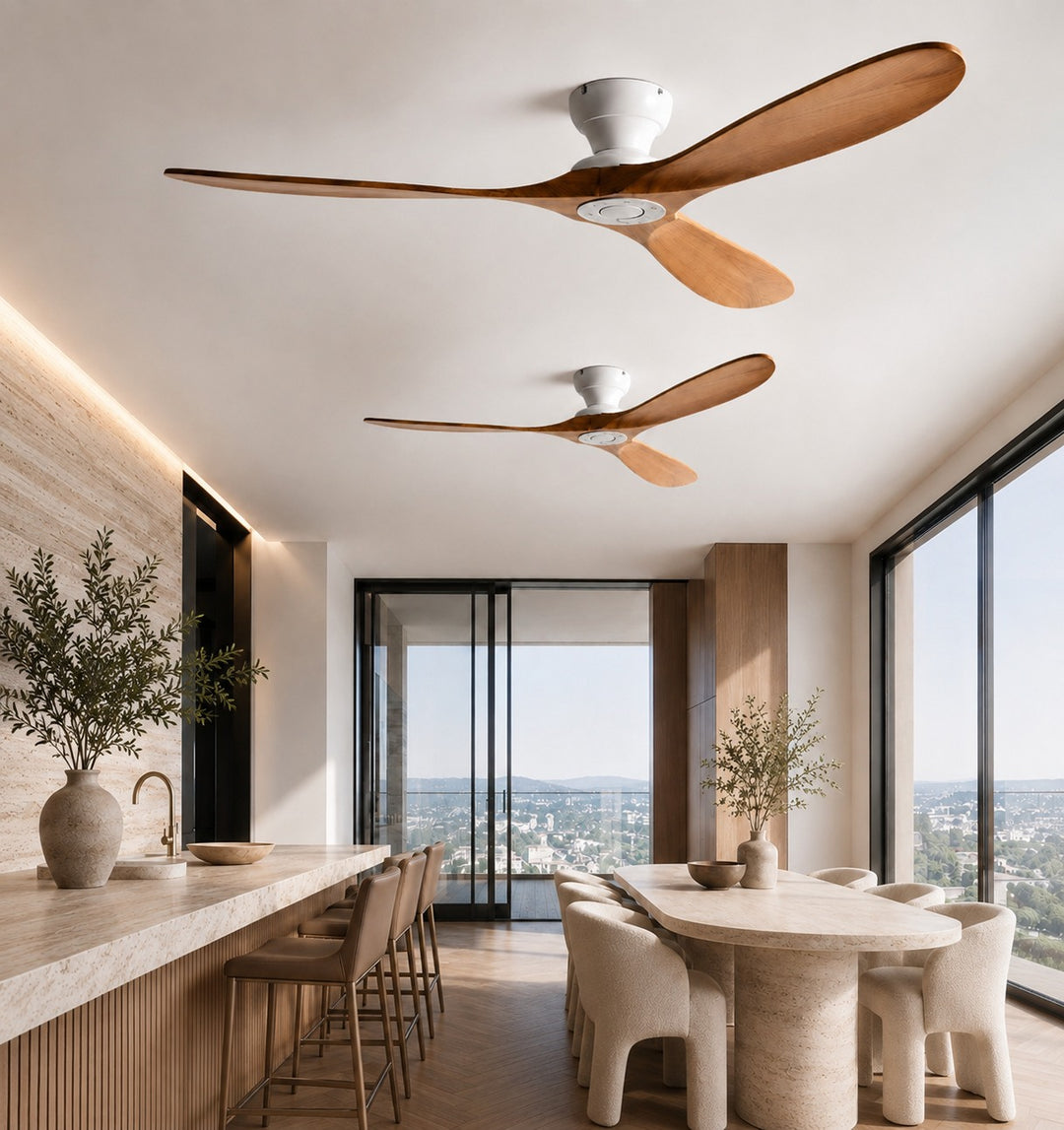 Modern Ceiling Fan with Wood Blades Flush Mount DC Motor 6-Speed Remote Control