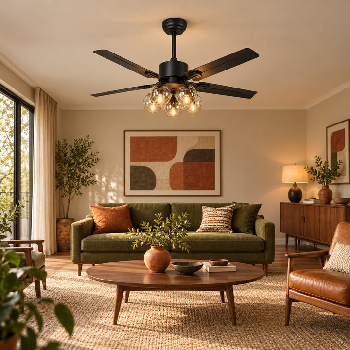 Vintage Black Ceiling Fan Light Flush Mount Metal with Integrated LED Illumination