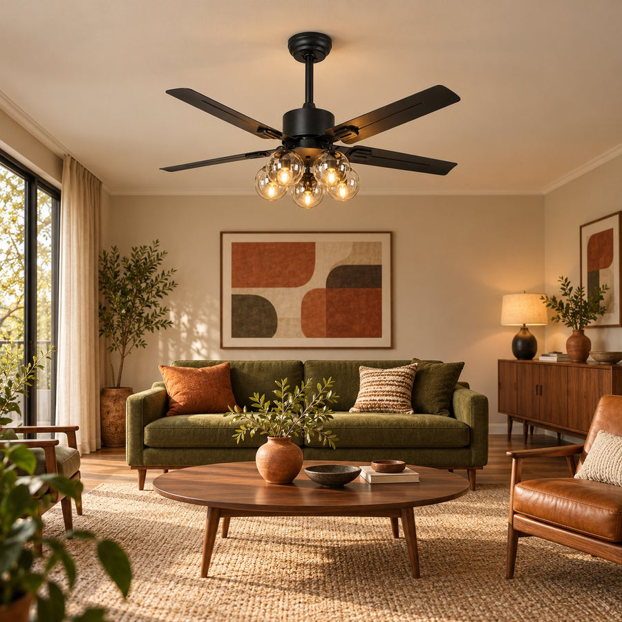 Vintage Black Ceiling Fan Light Flush Mount Metal with Integrated LED Illumination in the living room