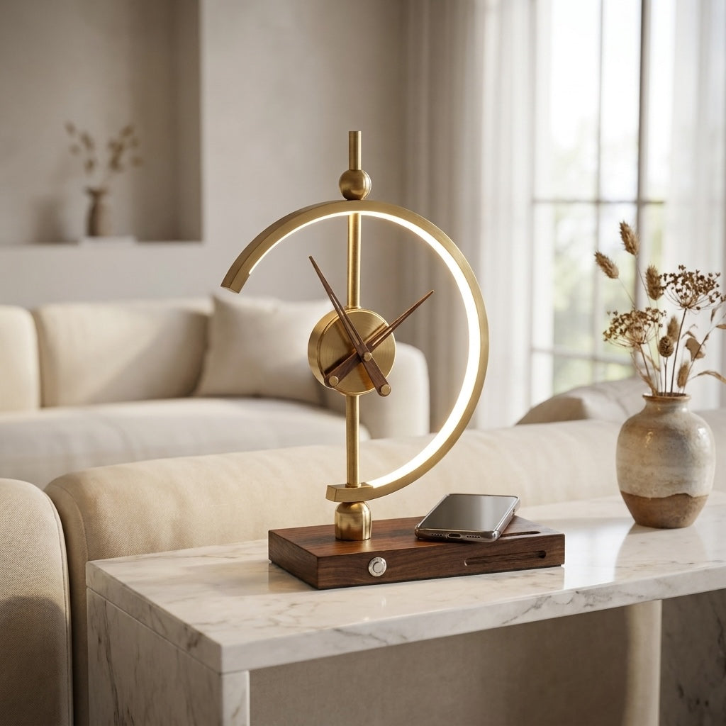 Contemporary Clock Table Lamp with Wireless Charging, Dimmable LED and Touch Switch