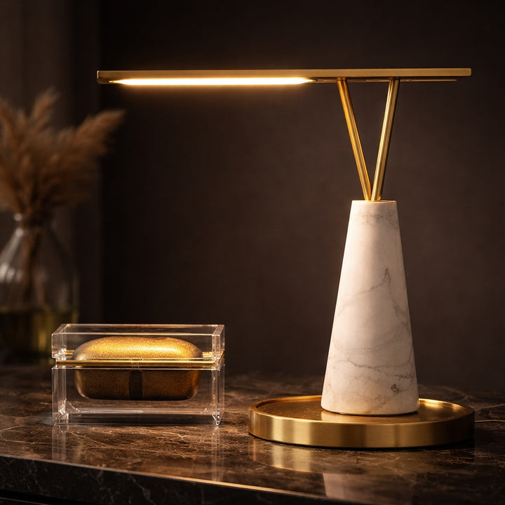 Modern Table Lamp with Marble Base and Iron Shade LED Lighting Adjustable Knob Switch
