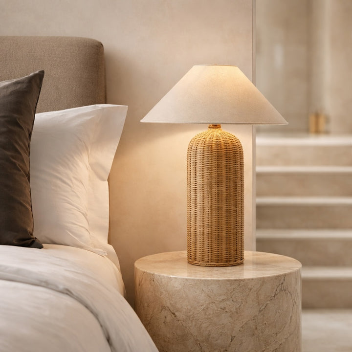 Modern Table Lamp Rattan Weaving Fabric Shade Adjustable Height LED Lighting for Bedroom or Living Room