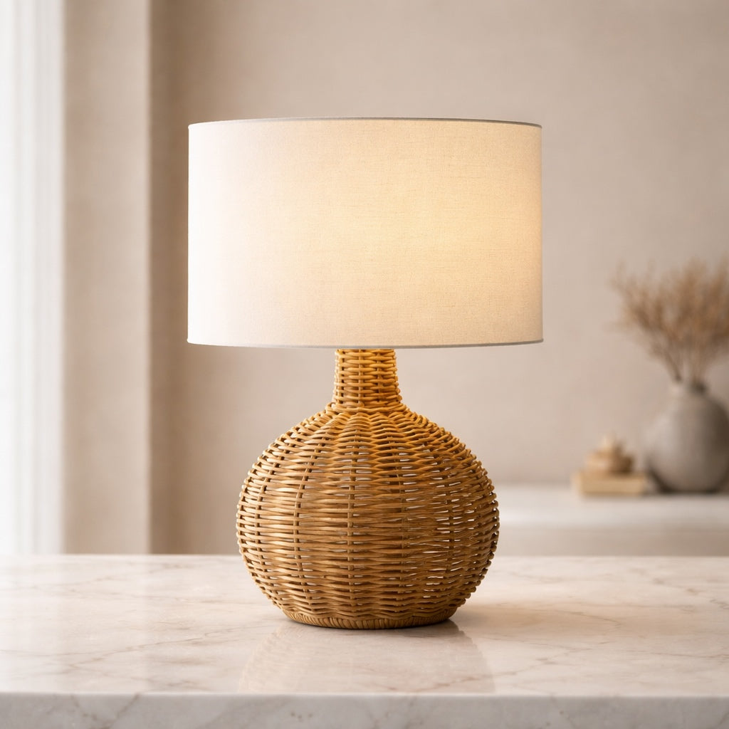 Modern Table Lamp Rattan Weaving Fabric Shade Adjustable Height LED Lighting for Bedroom or Living Room