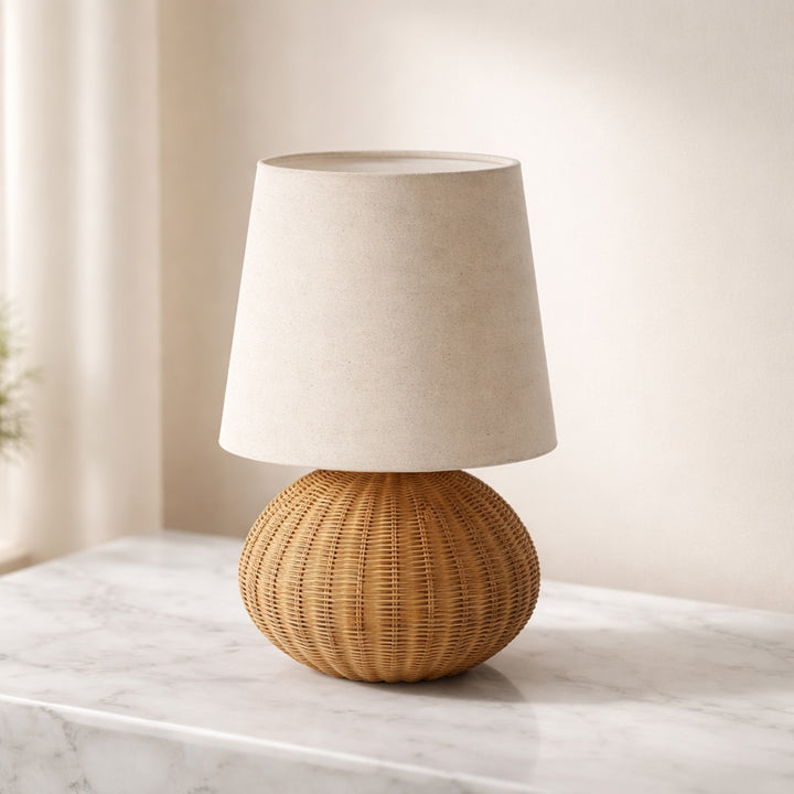 Modern Table Lamp Rattan Weaving Fabric Shade Adjustable Height LED Lighting for Bedroom or Living Room
