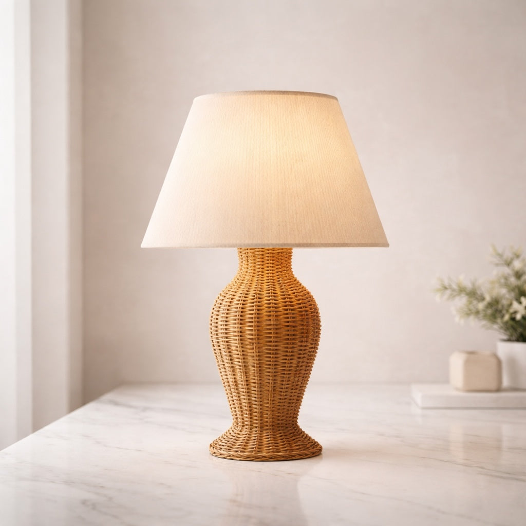 Modern Table Lamp Rattan Weaving Fabric Shade Adjustable Height LED Lighting for Bedroom or Living Room