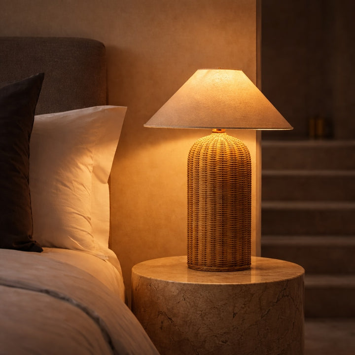 Modern Table Lamp Rattan Weaving Fabric Shade Adjustable Height LED Lighting for Bedroom or Living Room