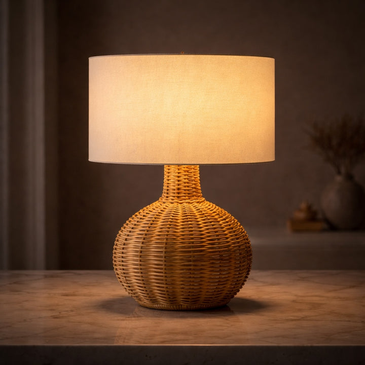 Modern Table Lamp Rattan Weaving Fabric Shade Adjustable Height LED Lighting for Bedroom or Living Room