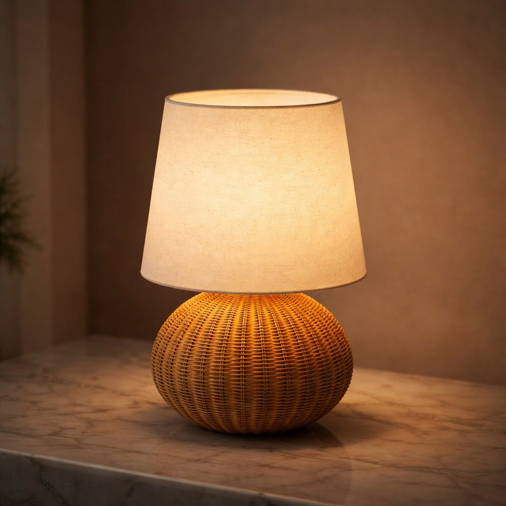 Modern Table Lamp Rattan Weaving Fabric Shade Adjustable Height LED Lighting for Bedroom or Living Room