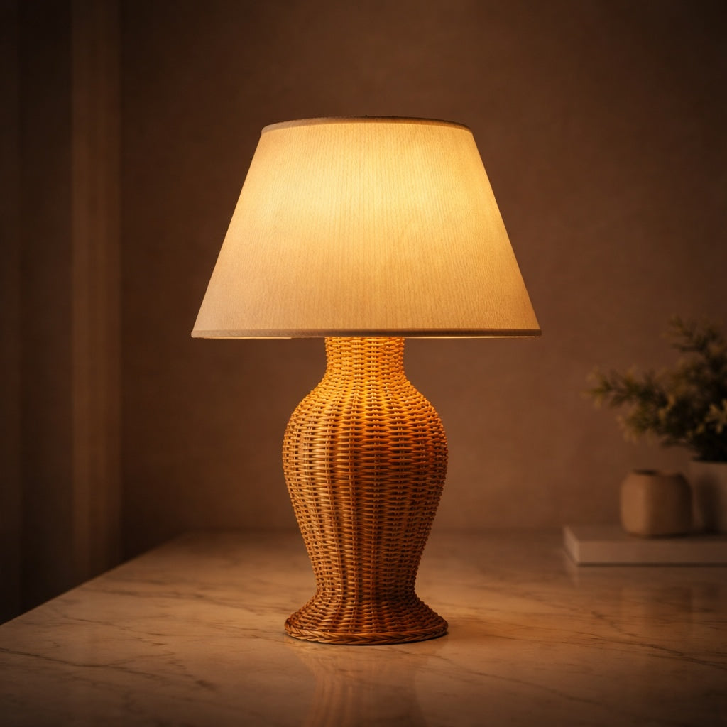 Modern Table Lamp Rattan Weaving Fabric Shade Adjustable Height LED Lighting for Bedroom or Living Room
