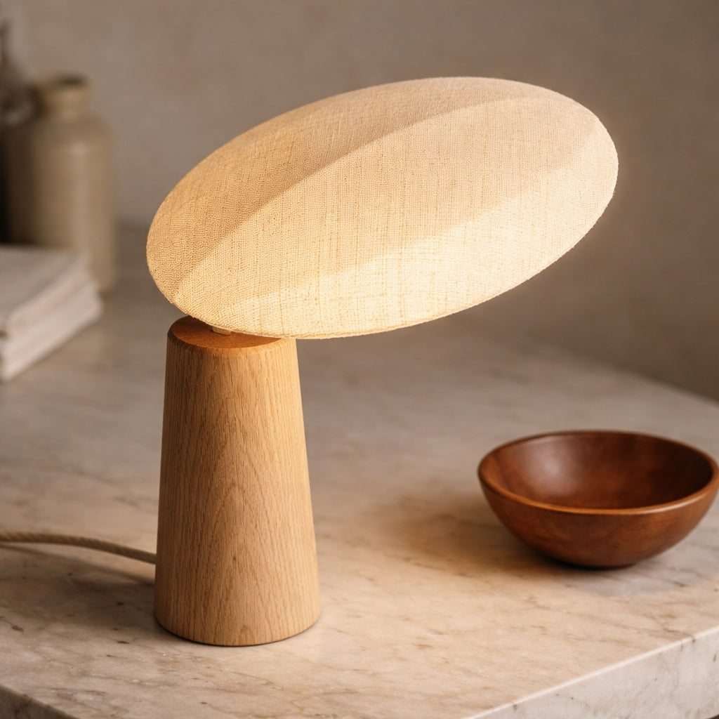 Modern Table Lamp with Natural Wood Base and Fabric Shade for Bedroom and Living Room Use